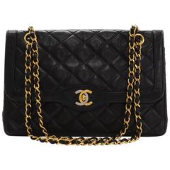 Vintage Chanel 2.55 10inch Double Flap Black Quilted Leather Paris Shoulder Bag