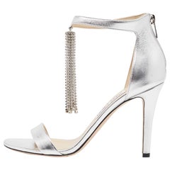 Jimmy Choo Silver Leather Crystal Embellished Chandelier Sandals Size 40