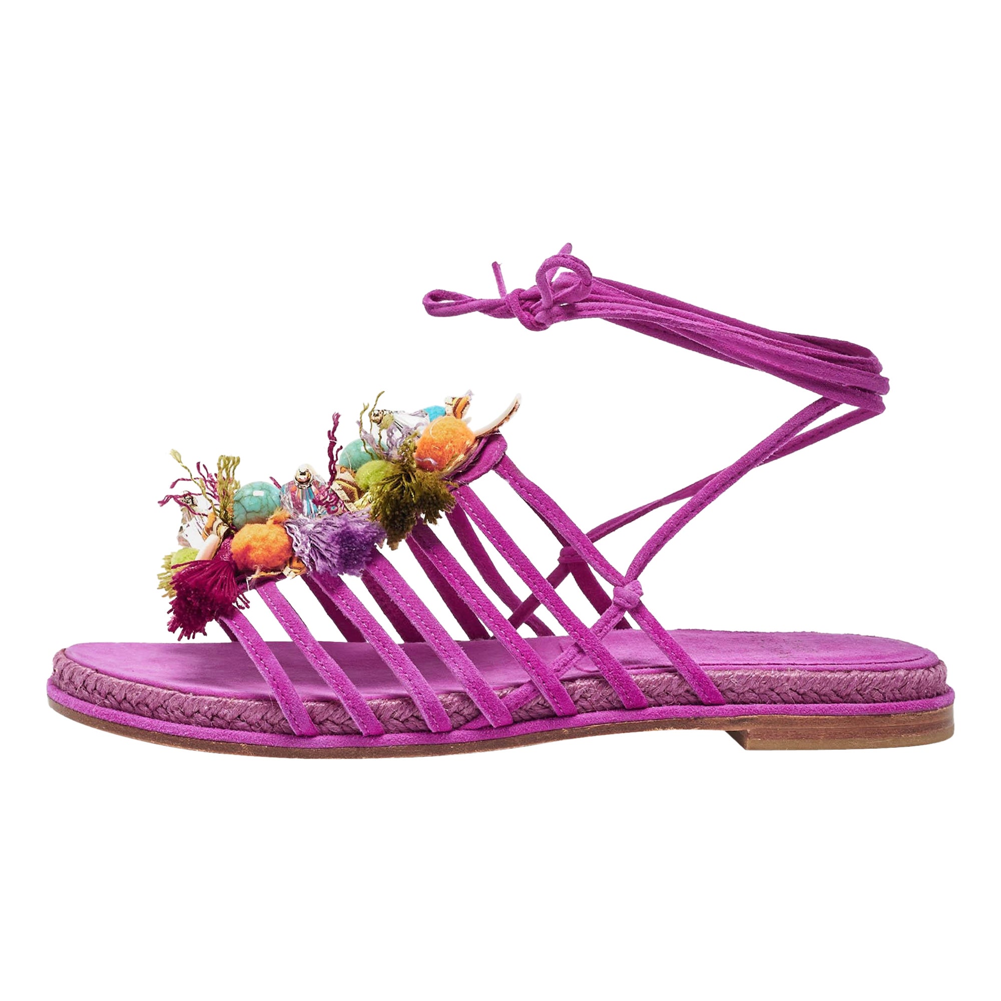 Stuart Weitzman Pink Suede Embellished Lace Up Slide Flats Size 36