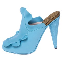 Fendi Blue Leather Stocking Heel Mule Sandals Size 37