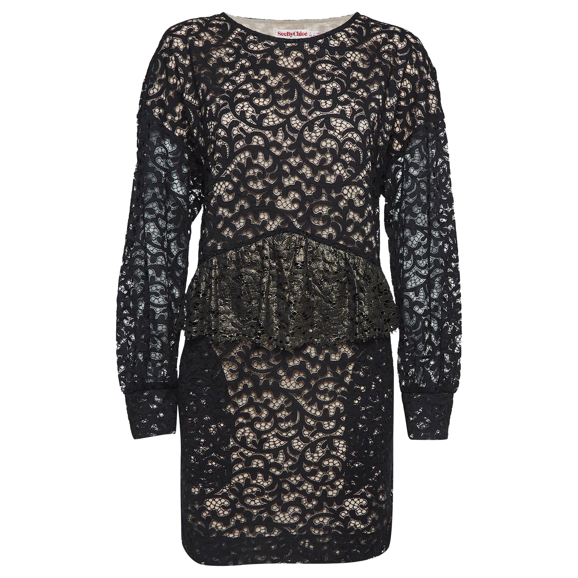 See by Chloe Black Patterned Lace Ruffled Short Dress L For Sale