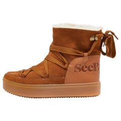 See by Chloe Brown Suede Lace Up Flat Ankle Boots Size 39