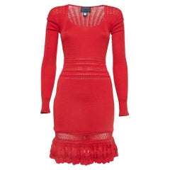 Class by Roberto Cavalli Red Patterned Knit Flounce Midi Dress M
