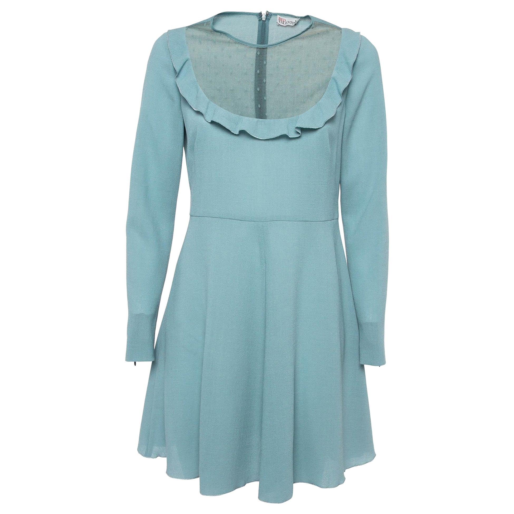 RED Valentino Blue Mesh Trim Crepe Ruffle Detail Mini Dress M For Sale