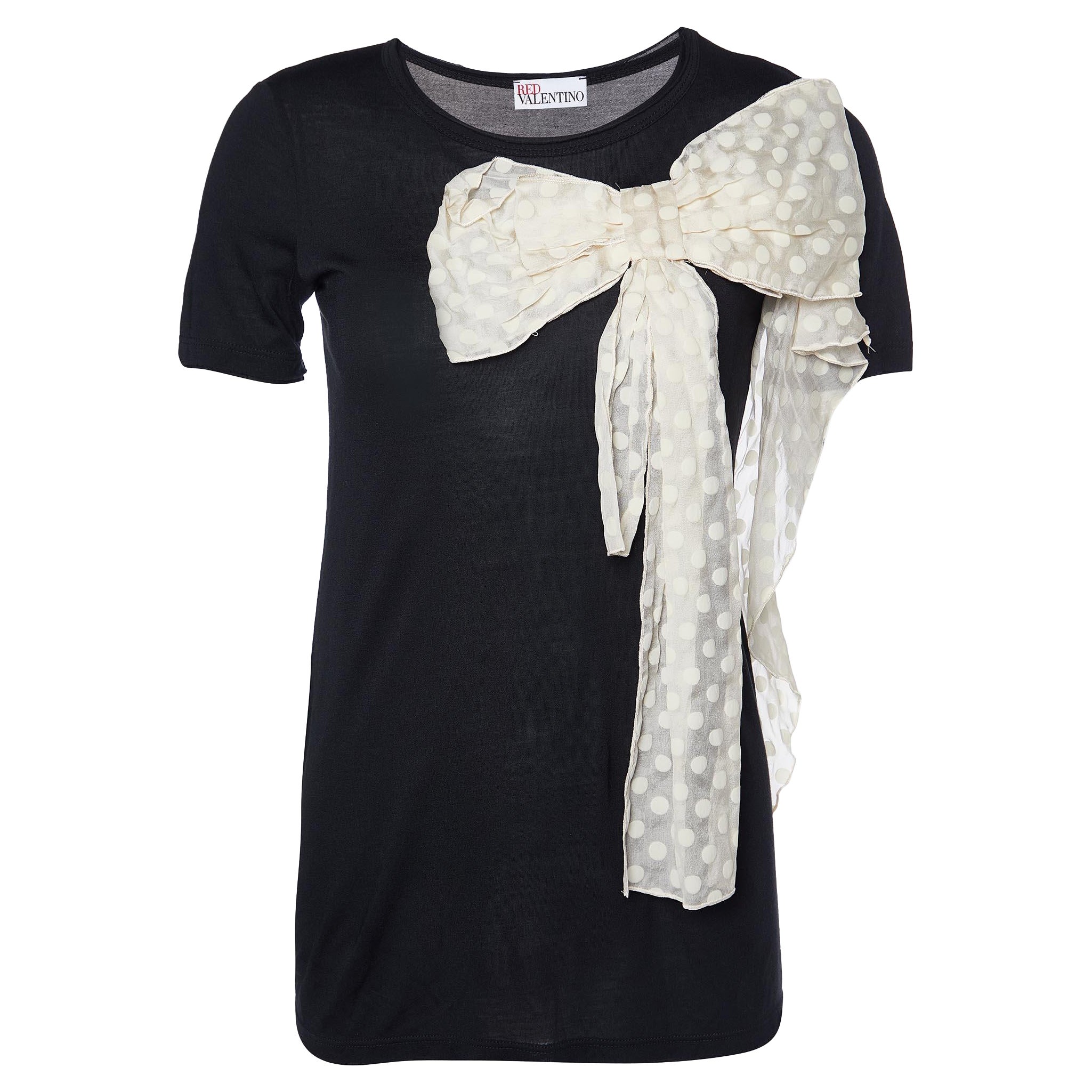 Red Valentino Black Jersey Contrast Bow Detail Raw Edged Top S For Sale