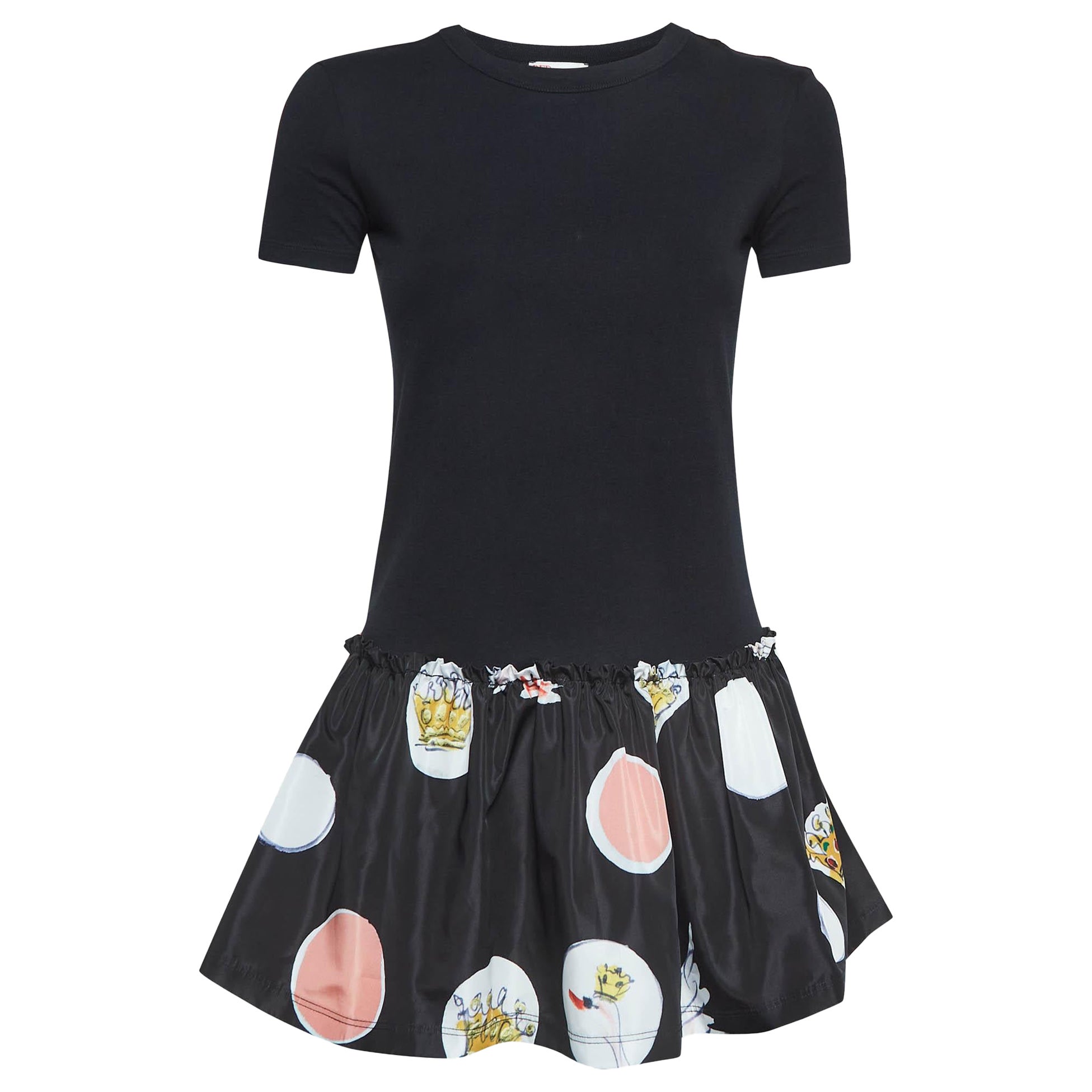 RED Valentino Black Printed Cotton and Synthetic Flounce T-Shirt XS For Sale