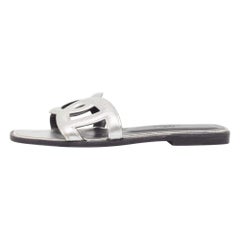 Hermes Silver Leather Omaha Flat Slides Size 37