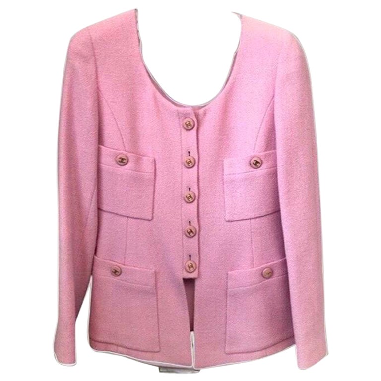 Chanel classic pink round neck summer wool jacket For Sale