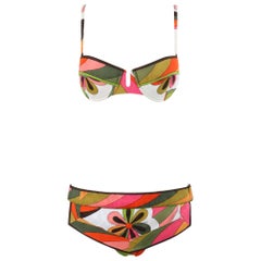 Vintage EMILIO PUCCI c.1960’s Multicolor Floral Op Art 2 Piece Bikini Bathing Swimsuit
