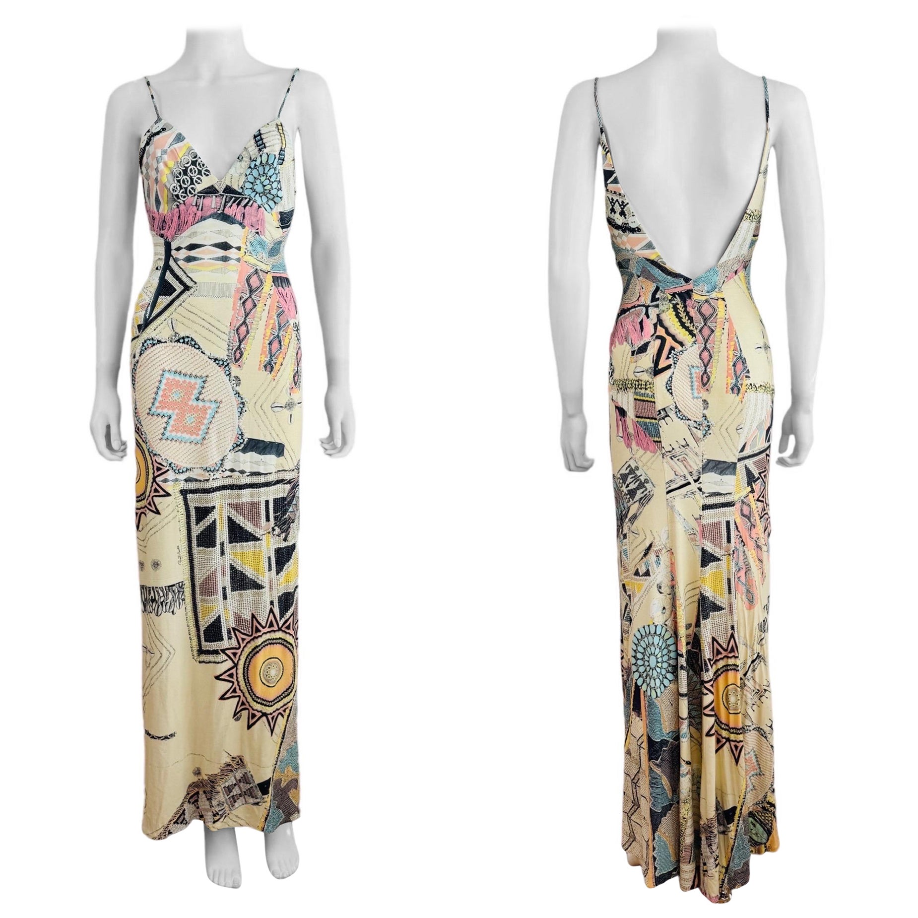 Vintage 2003 2000s Y2K Roberto Cavalli Cream Tribal Turquoise Dress Seashells For Sale