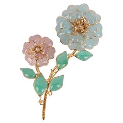 Augustine Flower Brooch in Golden Metal, Glass Paste, and Rhinestones