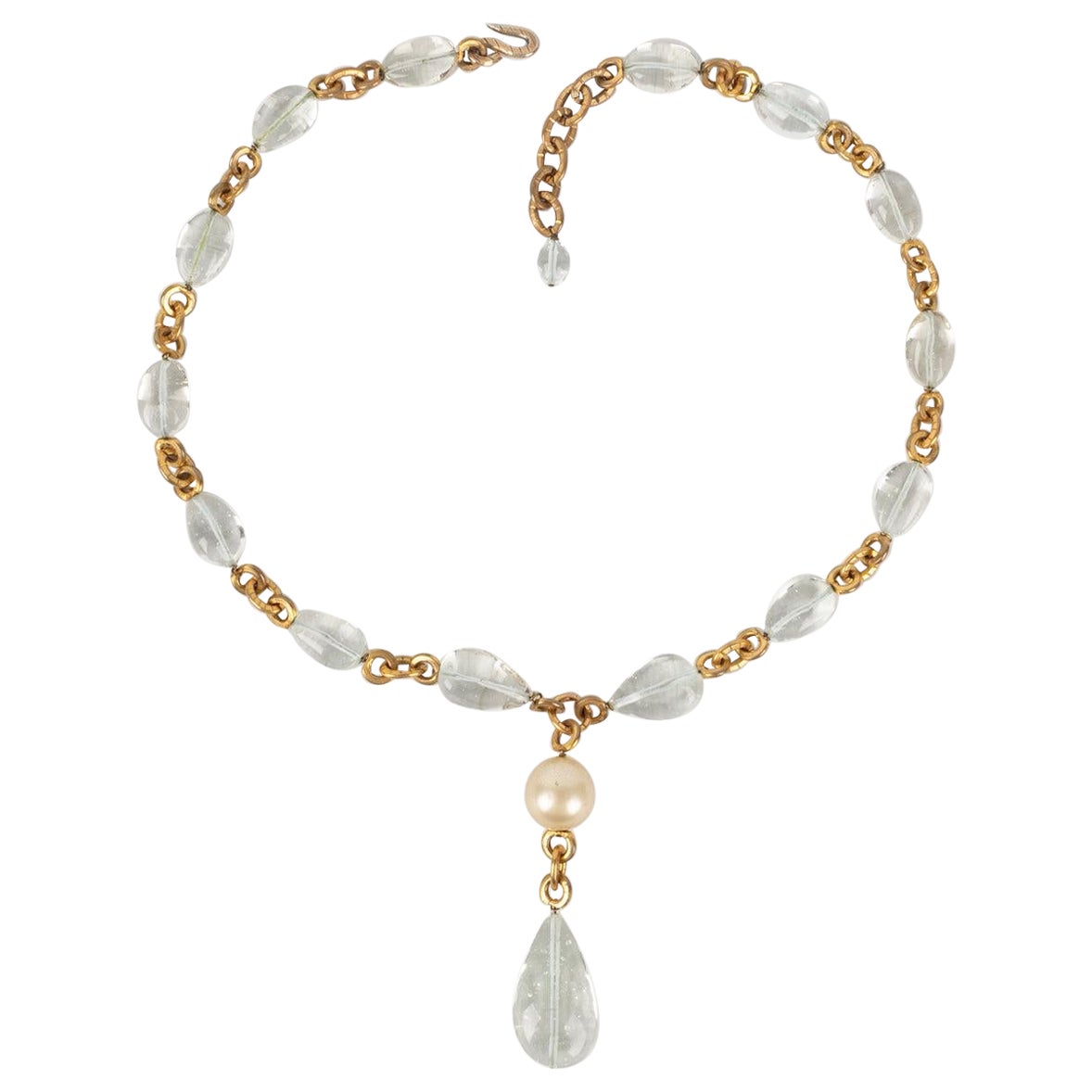 Chanel Necklace Haute Couture in Golden Metal with Transparent Glass Pearls For Sale