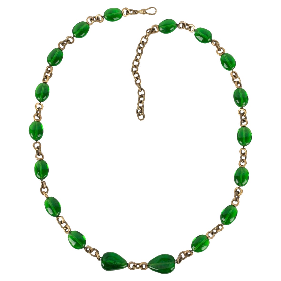 Chanel Collar de metal dorado oscuro con perlas de vidrio verdes Alta Costura en venta