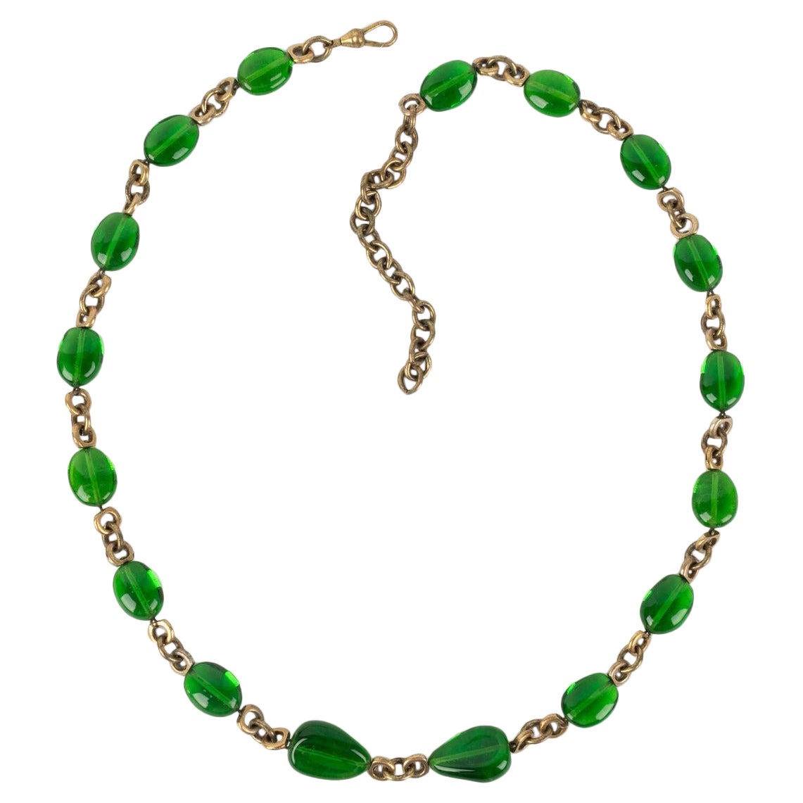 Chanel Necklace Haute Couture in Dark Golden Metal with Green Glass Pearls