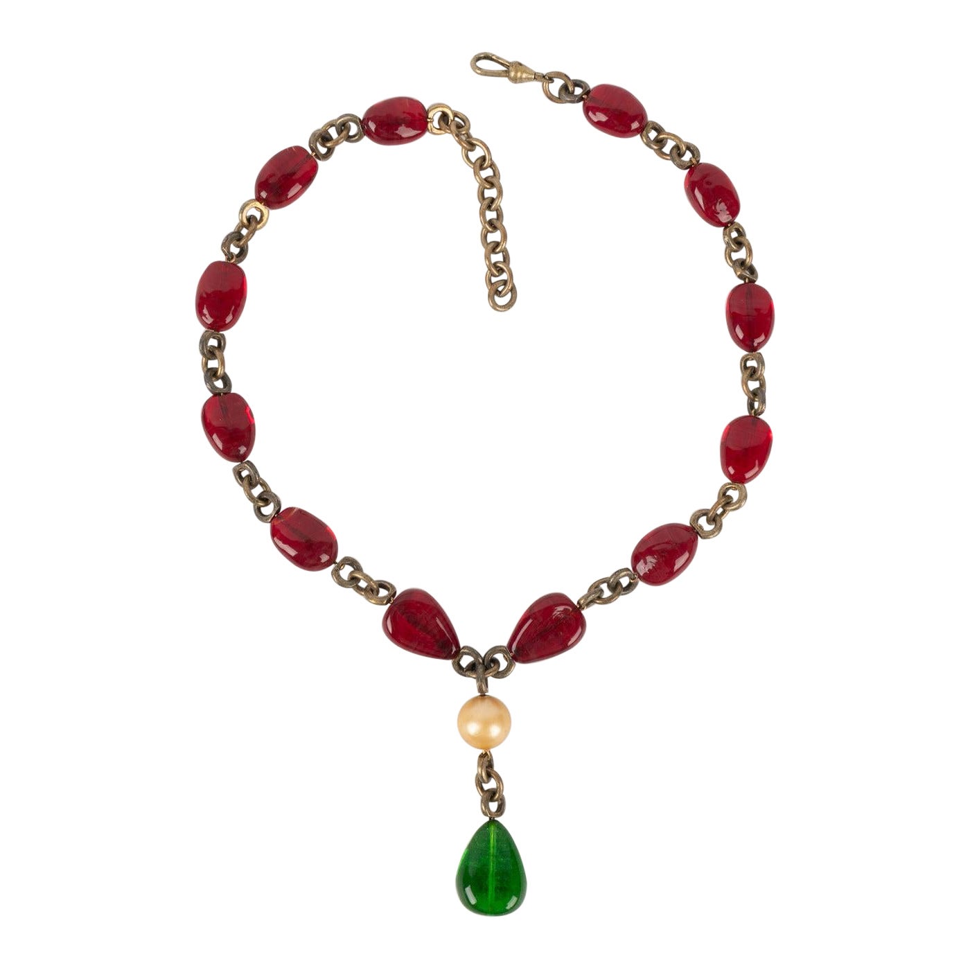 Chanel Necklace Haute Couture in Old Golden Metal with Red Glass Pearls For Sale