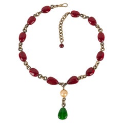 Chanel necklace Haute Couture in Red Glass Pearls with Dark Golden Metal