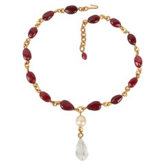 Chanel Necklace Haute Couture in Golden Metal with Red Glass Pearls