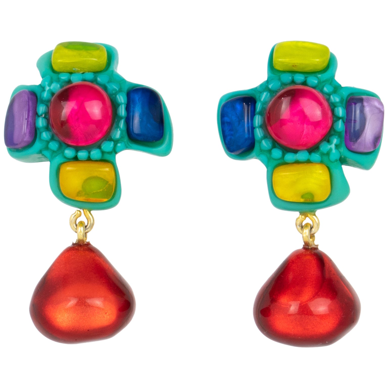 Dominique Denaive Turquoise and Multicolor Resin Earrings For Sale