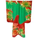 Vintage Japanese Red and Green SHibori Dye Uchikake Kimono with Gold Chrysanthem