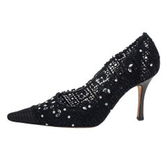 René Caovilla Black Lace And Canvas Crystal Embellished Pumps Size 40