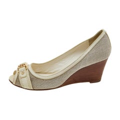 Tory Burch Grey/Cream Canvas And Leather Wedge Peep Toe Pumps Size 37.5