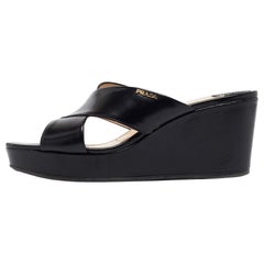 Prada Black Patent Wedge Slide Sandals Size 40