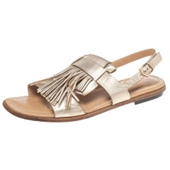 Tod's Metallic Gold Leather Fringe Slingback Flat Sandals Size 37