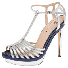 Fendi Metallic Silver Leather T- Strap Platform Sandals Size 37.5