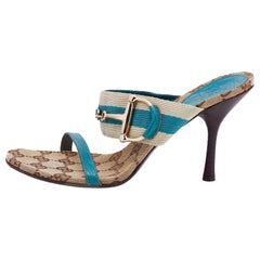 Gucci Turquoise Blue/Off White Leather And Web Tape Slide Sandals Size 36