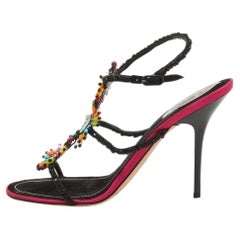 René Caovilla Black Satin Embellished Slingback Sandals Size 39