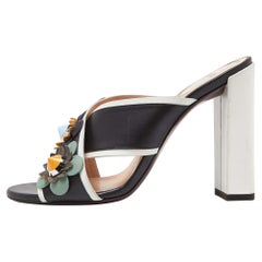 Fendi Black/White Leather Embellished Flowerland Slide Sandals Size 37