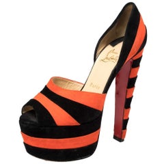 Christian Louboutin Black/Orange Suede Striped Platform Peep Toe Sandals Size 36