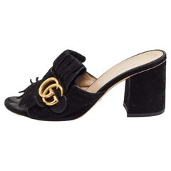 Gucci Black Suede GG Marmont Fringe Mules Size 36.5