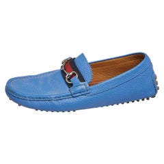 Gucci Blue Leather Horsbit Web Trim Loafers Size 40