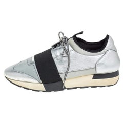 Balenciaga Silver Leather And Knit Fabric Race Runner Low Top Sneakers Size 38