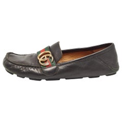 Gucci Black Leather GG Marmont Web Driver Slip On Loafers Size 37