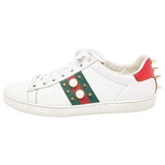 Gucci White Leather Faux Pearl and Spikes Ace Low Top Sneakers Size 36.5
