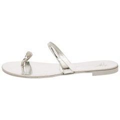 Giuseppe Zanotti Silver Leather Crystal Embellished Toe Ring Flats Size 38