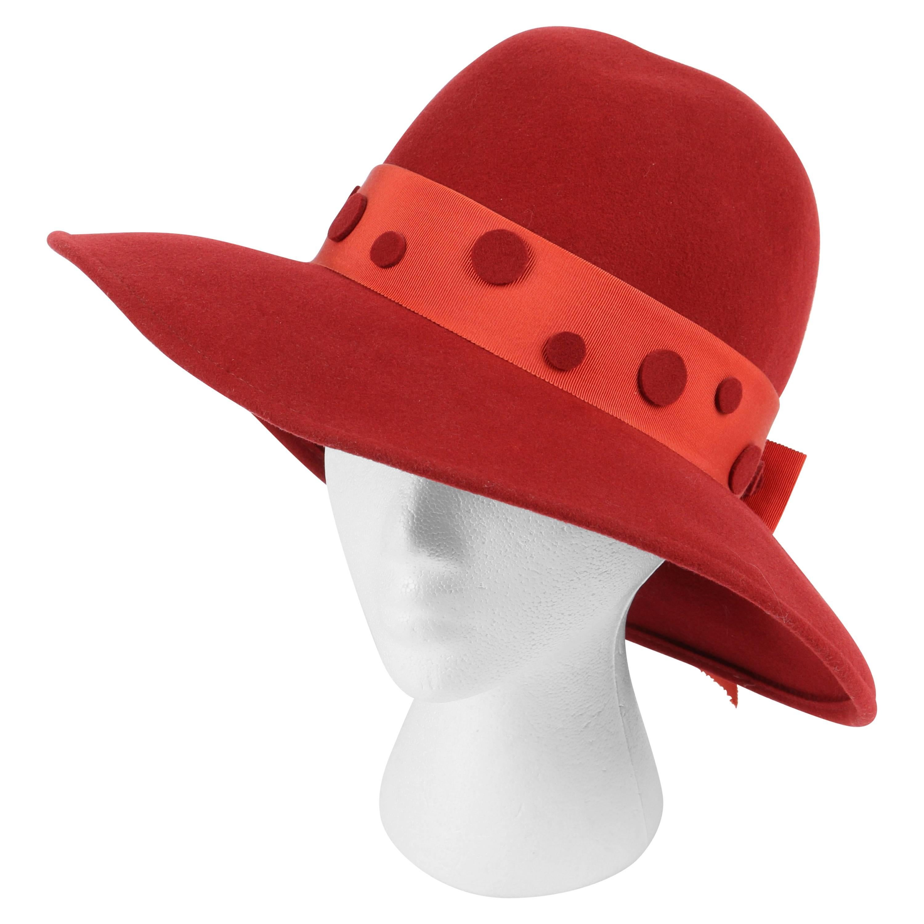 PIERRE CARDIN c.1960's Red Wool Felt Polkadot Bow Wide Brim Mod Fedora Hat