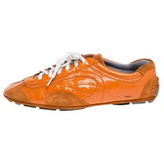 Prada Orange Suede And Patent Leather Vintage Low Top Sneakers Size 38.5