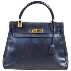 Vintage Hermes "Navy" Box Calf Leather "Kelly Retourne 28" Bag