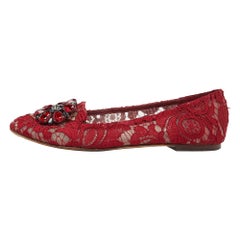Dolce & Gabbana Red Lace Crystal Embellished Taormina Ballet Flats Size 38