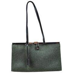 Vintage Gucci Green Black Wool Leather Handle Silver Tone Frame Shoulder Bag