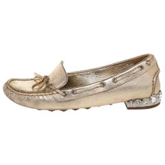 Miu Miu Metallic Gold Crystal Embellished Slip on Loafers Size 36.5