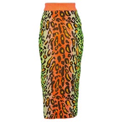 Stella McCartney Falda midi ajustada de punto de leopardo multicolor neón M
