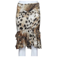 Just Cavalli Minifalda de satén marrón con estampado animal y dobladillo fruncido S