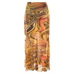 Escada Silk Chiffon Yellow Abstract Print Sheer Hem Skirt M
