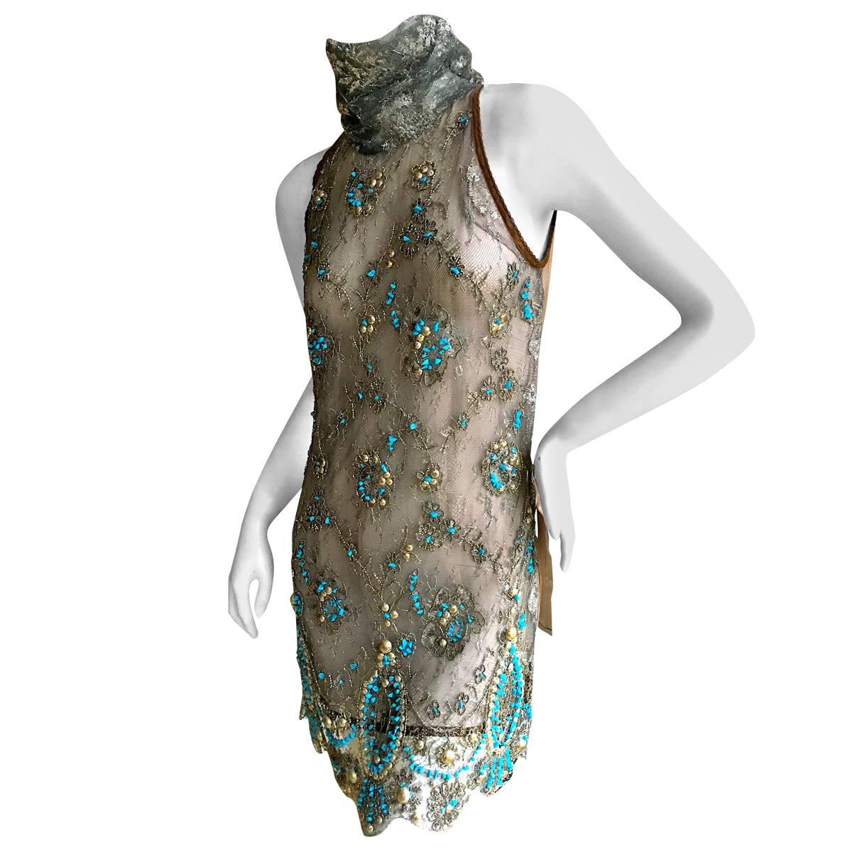 Gianfranco Ferre Silver Lace Tunic with Couture Quality Turquoise Embellishment For Sale