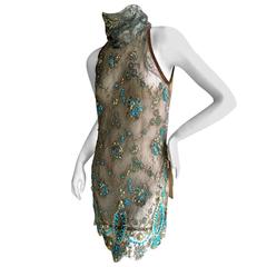 Gianfranco Ferre Silver Lace Tunic with Couture Quality Turquoise Embellishment