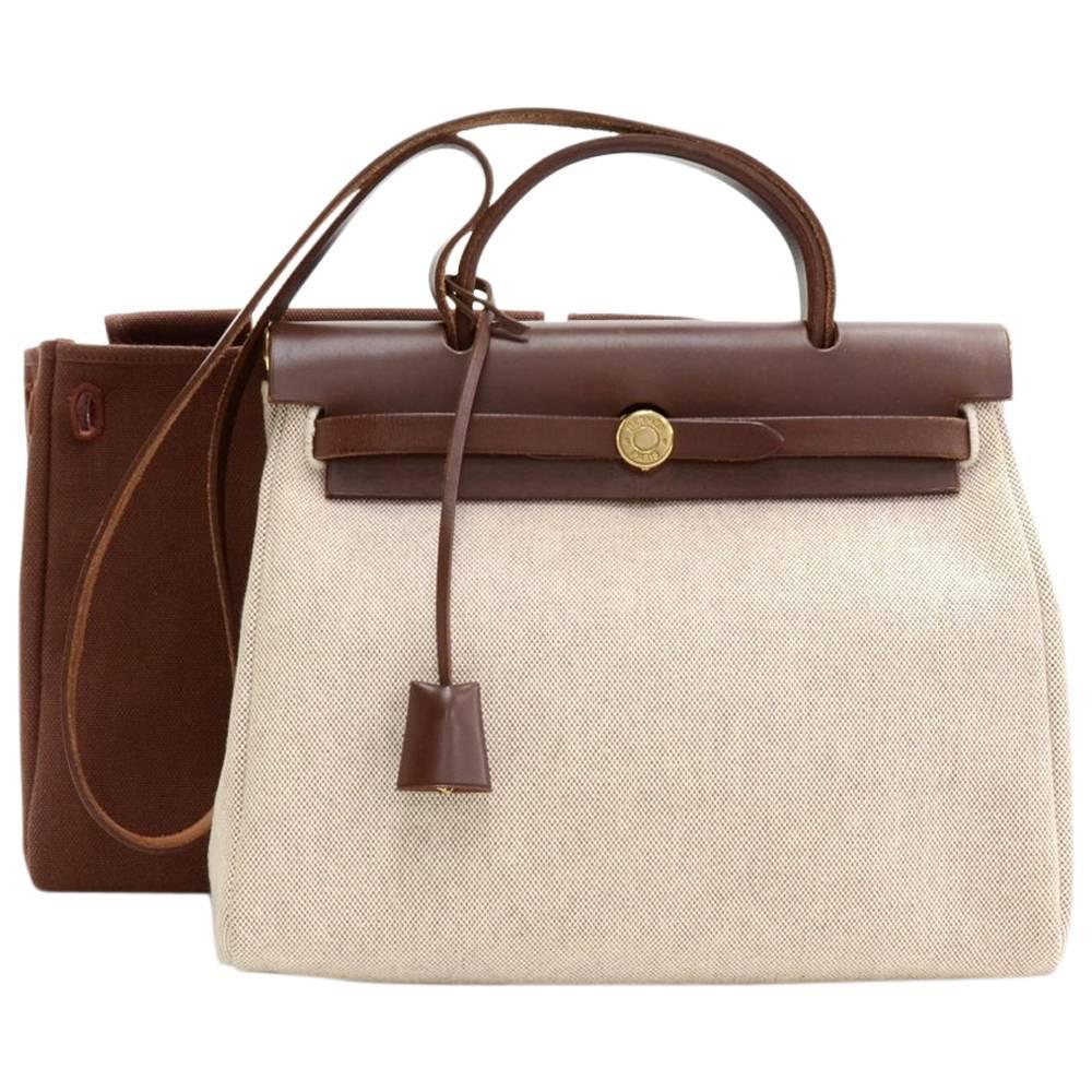 Hermes Herbag PM 2 in 1 Canvas Dark Brown Leather Shoulder Bag